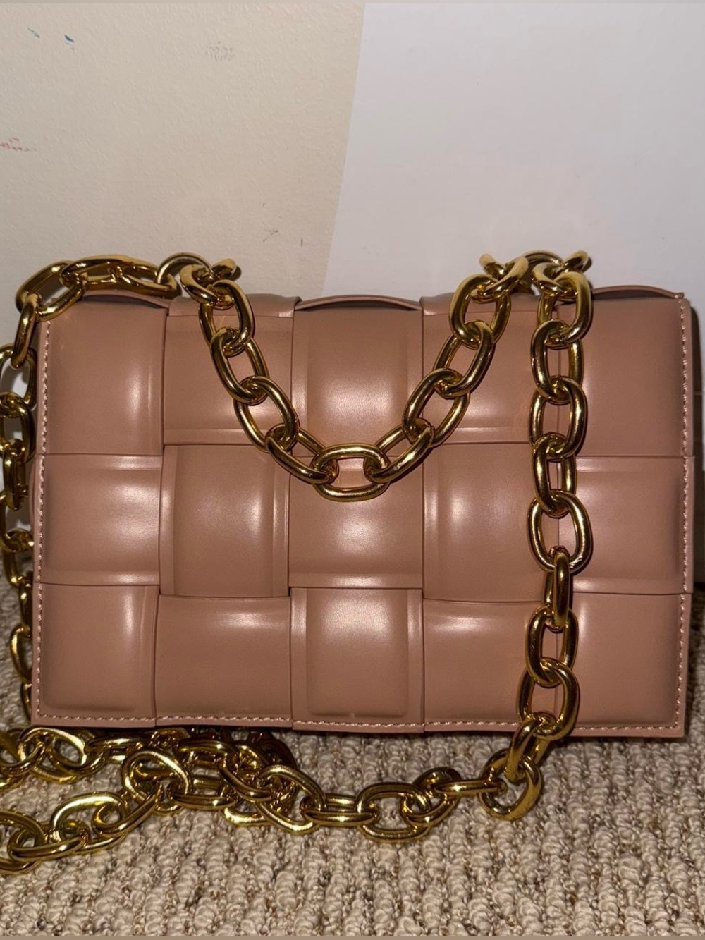 Woven Panel Shoulder Bag in Mauve with Gold Chain